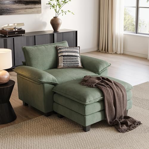 Image of LINSY HOME Cloud Sofa Accent Chair with Ottoman Chaise Lounge Chair Indoor, Corduroy Couch Sofa Chair for Living Room Apartment Bedroom Office, Green