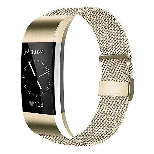 AK For Fitbit Charge 2 Strap (2 Sizes), Metal Mesh Magnetic Clasp Stainless Steel Replacement Strap for Fitbit Charge 2 (Champagne gold, L)