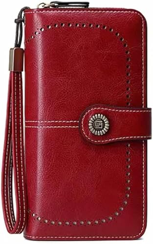 Cartera grande con bloqueo RFID para mujer, cartera de piel sintética con cierre a presión, soporte para tarjetas de crédito de 3 páginas, 3 ranuras