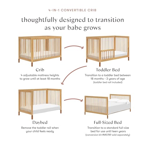 Babyletto Gelato 4-in-1 Baby Crib Convertible to Wooden Toddler Bed, Daybed & Full-Size Bed, GREENGUARD Gold Certified - Made of 100% Solid Wood, Includes Toddler Conversion Kit - Honey with Vegan Tan
