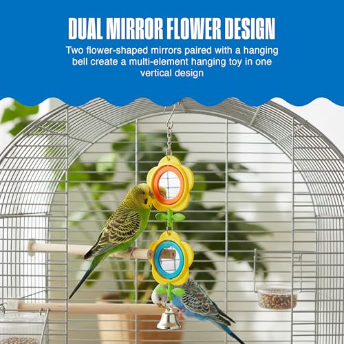 Image of Penn-Plax Bird Life Two Flower Mirror with Bell - Interactive Bird Toy with Spinning Floral Mirrors & Hanging Bell - Colorful Cage Accessory for Parakeets & Finches, Easy to Install - 3.75x1x9.2 in