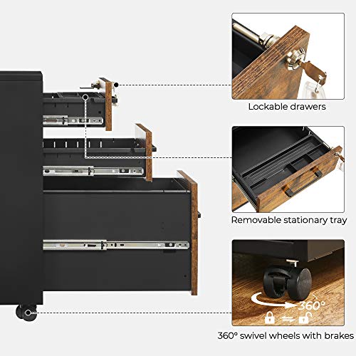 Songmics Steel File Cabinet, Fully Assembled Except Wheels, For A4, Legal, Letter Sized Documents, Rustic Brown + Black #TOP6