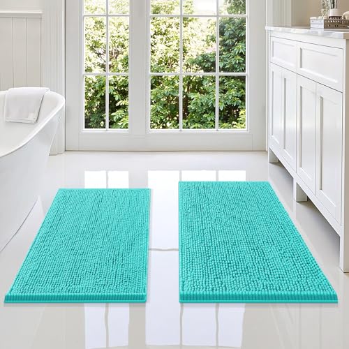 Image of Smiry Bathroom Rugs Sets 2 Piece, Soft Absorbent Chenille Machine Washable Non Slip Shaggy Bath Rug Set for Tub, Shower, and Floor (34x21+30x20, Turquoise)