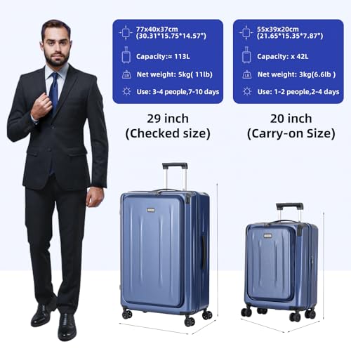 Carry On Luggage, 20Inch & 29 Inch Top Opening Airline Approved ABS+PC Hard Shell Suitcases with Silent Wheels, TSA Lock,Front Pocket and Wet-dry Separated Six-piece Set (Dark Blue)2