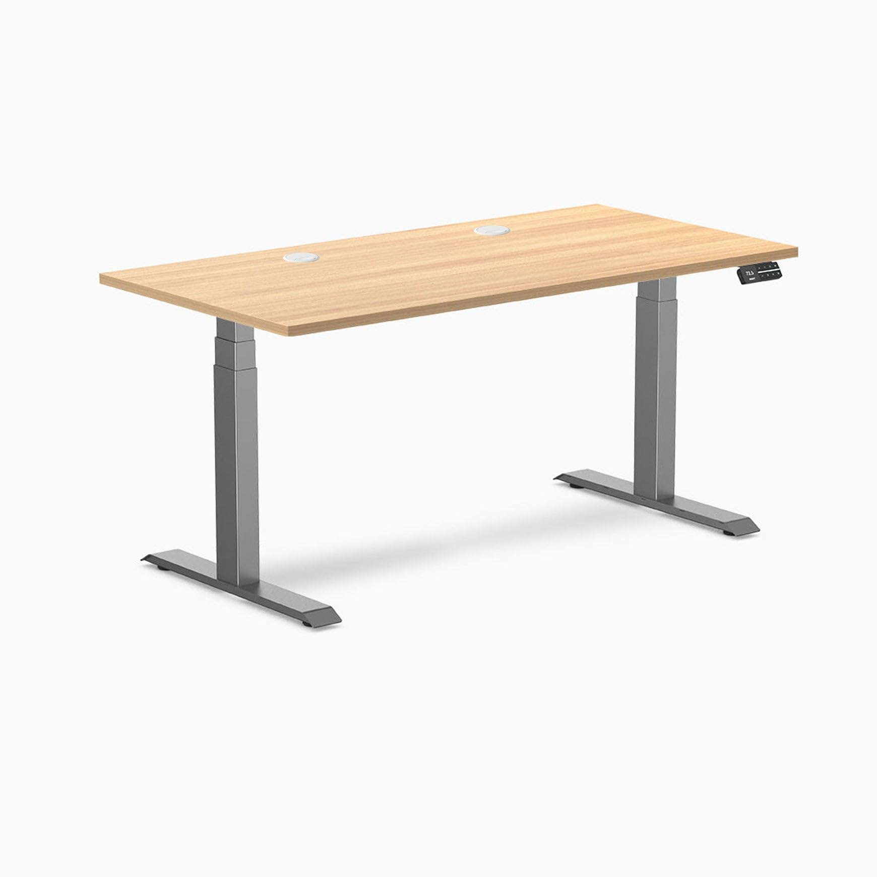Desky Dual Laminate Sit Stand Desk Sublime Teak 59.1" Grommets Space Gray