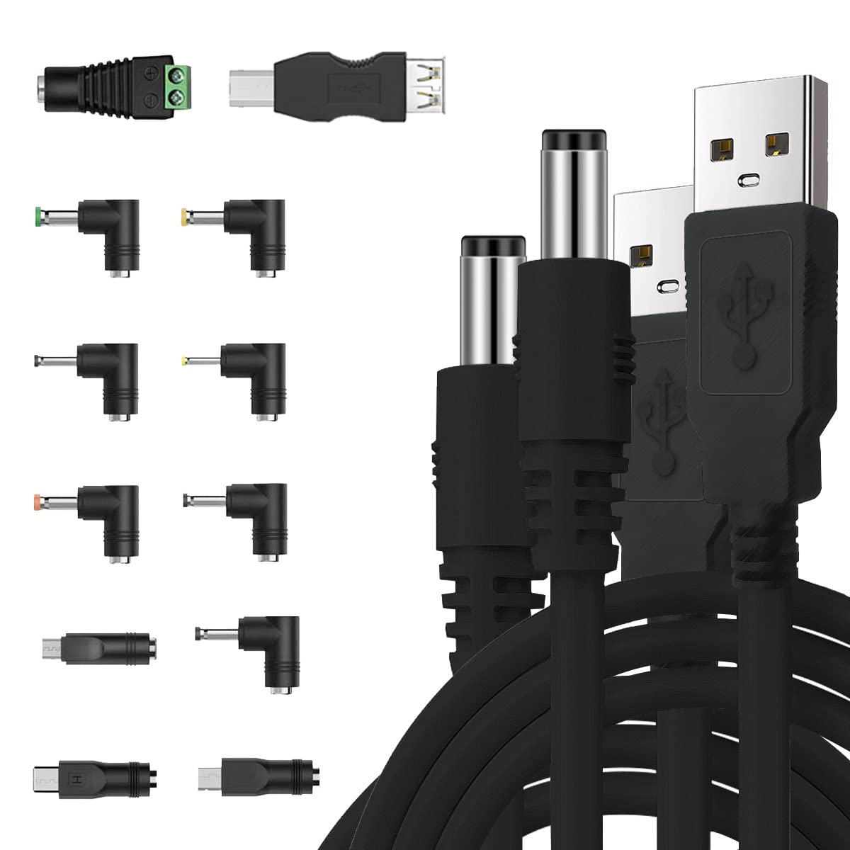 DAOKAI 2 Pcs 5V 2A USB to DC Power Cable USB 2.0 Type A Male to DC 5.5 x 2.1mm Plug Power Cord USB to DC Charging Cord for Fan/Speaker/Router/Phone with 12 Pcs Adapter Plug