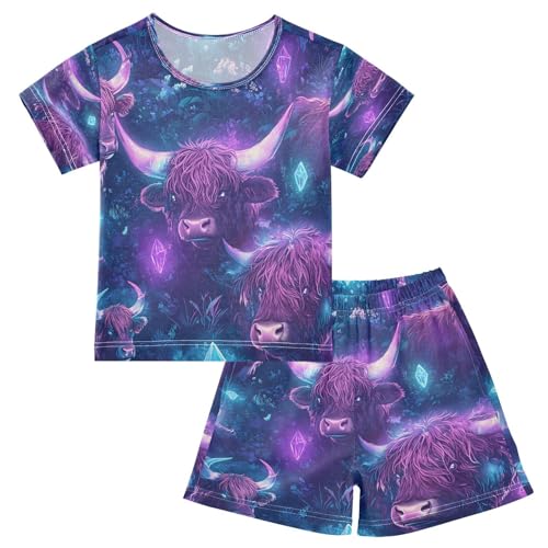 senya Short Sleeve Pajamas Sets Summer Cotton Sleepwear Purple Highland Cattle