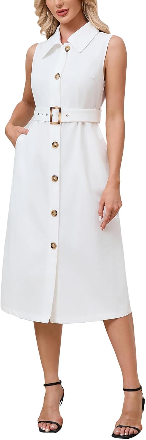 YEXPINE Women's Button Down Shirt Dress Sleeveless Collared A-line Maxi Dress with Belt