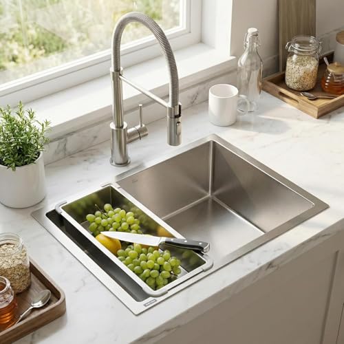 Image of Fossa Aqua 22 inchx18 inchx09 inch Inch Single Bowl Handmade Kitchen Sink 25-Year Warranty AISI 304 Stainless Steel, 2.2mm Thickness, Includes Colander, Coupling & Waste Pipe Set Silver (Matte finish)