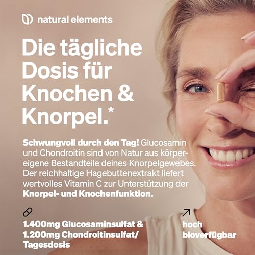 natural elements Glucosamin & Chondroitin – 180 Kapseln – mit Vitamin C für eine normale Kollagenbildung* – hochdosiert, ohne unnötige Zusätze – in Deutschland produziert & laborgeprüft