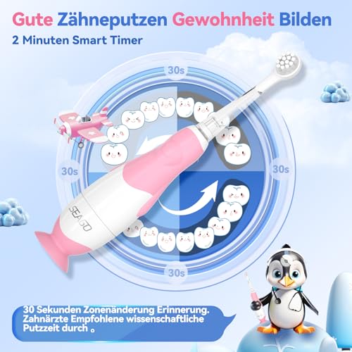 Seago Elektrische Zahnbürste Kinder Baby Zahnbürste ab 0 1 2 3 Jahr, mit LED Licht, Runder Weich Ersatzbürsten, Elektrische Zahnbürste Baby,2 Minuten Smart Timer, Wasserdicht IPX7,SG513(Rosa) – Bild 6