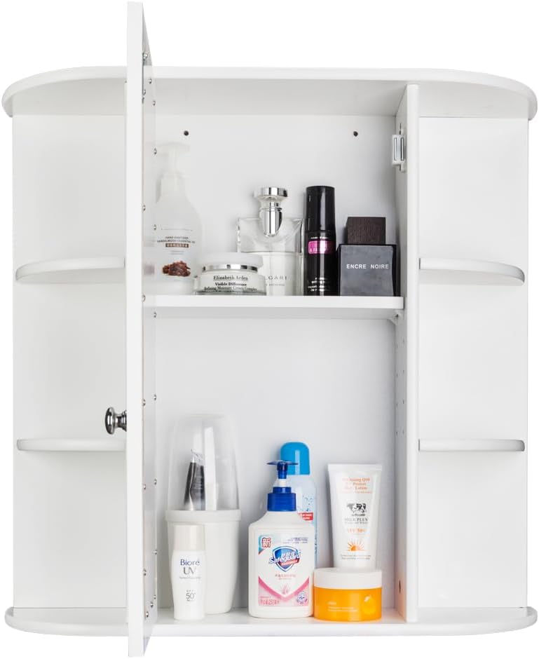 3-Tier Bathroom Wall Mirror Cabinet, Medicine Cabinet Single Door Mirror Wall Mounted Cabinet Shelf Space-Saving Design Magnetic Lock for Bathroom Essentials Easy Assembly White