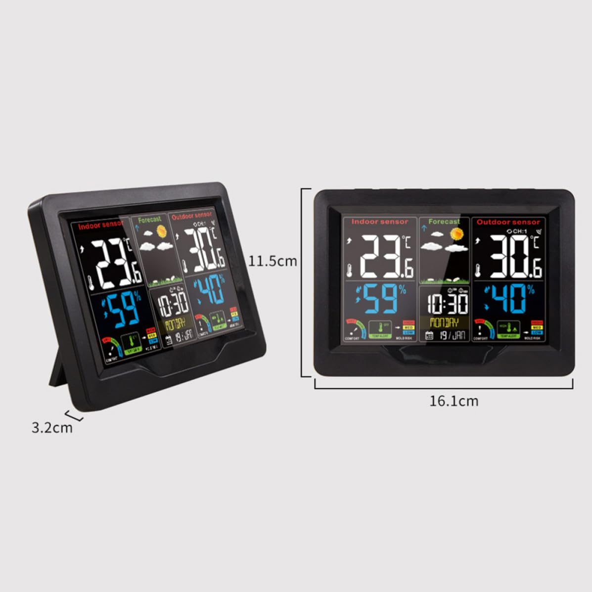 Digitales Innenraum Hygrometer mit Großem Farbdisplay, Schwarz