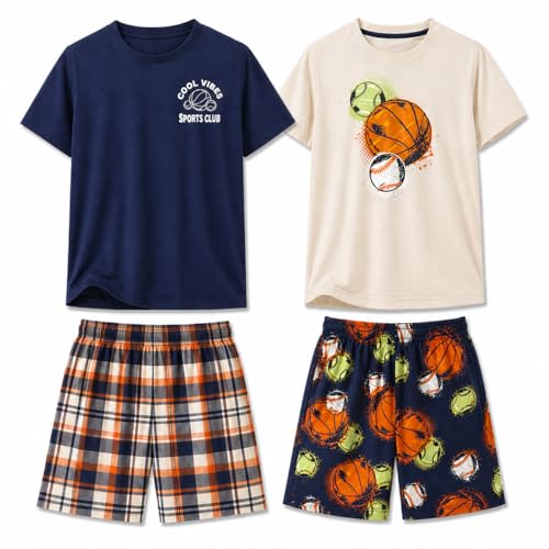 Image of US Angels Pajamas Set for Boys, 4-Piece Set, Short Sleeve Shirt with Pajama Shorts