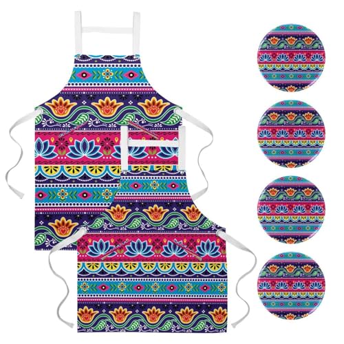 Tablier de cuisine grand modèle multicolore avec 4 broches incluses