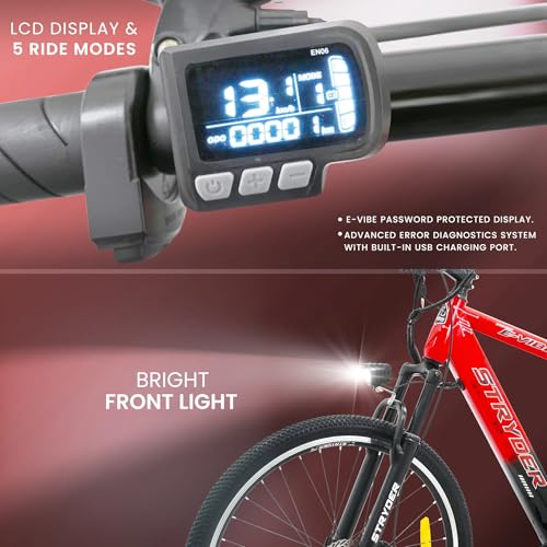 Image of Stryder E Vibe 27.5T Electric Cycle for Men & Women (5.3-6 Ft) 250W BLDC Motor | 36V 8.7Ah Li-ion Battery | Dual Disc Brakes | Front Suspension | USB Charging | with Carrier (Red)