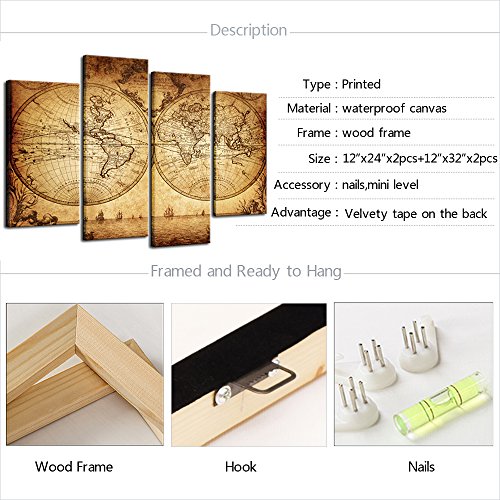 Sechars - Canvas Wall Art Panels Vintage World Map Painting Framed - 4 Pieces Canvas Art Retro Antiquated Map Of The World Painting Abstract Picture Artwork For Home Office Decor #TOP4