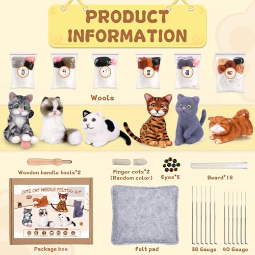 Image of Mayboos 6 Pcs Needle Felting Kit, Animal Needle Felting Beginner Kits Wool Felt Needle Felting Tools with Instruction for DIY Craft Animal Home Decoration (Cute Cat)