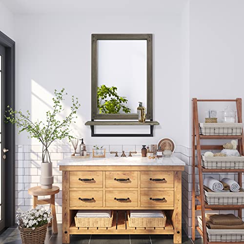Mirror-With-Shelf, Farmhouse Bathroom-Mirror For Wall-Decor, Rustic Wood Wall Mounted Mirror Decor For Entryway Foyer Hallway Living Room, 32 * 21 In Rectangular Bathroom Mirror #TOP1