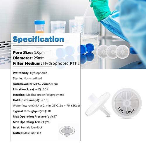 Image of PTFE Syringe Filters [Wettability: Hydrophobic] 25mm Diameter 1.0 μm Pore Size Laboratory Filtration by Allpure Biotechnology (Pack of 100) (Hydrophobic PTFE, 1.0 μm)