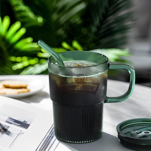 Joeyan Glass Coffee Cups Tumbler With Handle Lid And Straw,Smoothie Iced Coffee Tea Glasses Mug,Green Colored Drinking Jar For Water Juice Beverages Soda Milk,15Oz,Set Of 2,Dishwasher Safe #TOP6