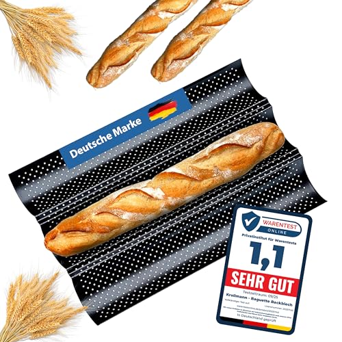 Krollmann Baguette Backblech mit Antihaftbeschichtung – Perforierte Baguette-Backform mit 3 Mulden – 38×24×2,5 cm Schwarz – Knuspriges Brot & Brötchen Backformen für Zuhause