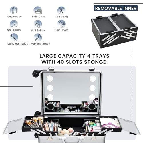 Faquenc 22\'\' Aluminum Trolley Rolling Makeup Train Case with LED Light Mirror Professional Cosmetic Travel Box with Bluetooth Speaker Make up Cosmetic Organizer Studio Nail Salon Beauty Vanity Silver