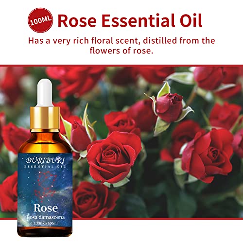 Image of BURIBURI Rose Essential Oil 100ML Gifts Set 100% Pure Natural Undiluted Aromatherapy Rose Oil 3.38fl.oz for Soap, Candle Making, Massage, Diffuser, Humidifier