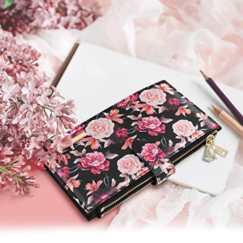 Wallets For Women Rose Flowers Floral Wallet Multi Card Organizer Bifold Wallet With Zipper Pocket,Black #TOP4