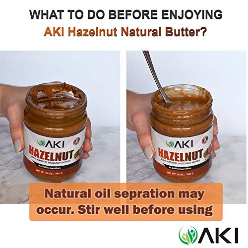 AKI Natural Hazelnut Butter Nut Unsweetened Sugarfree No Added Salt or Oil Low Sodium Vegan Keto Paleo Low Carb 1 Ingredient Pure Roasted Hazelnuts No Additives Great Dose of Proteins & Healthy Fats