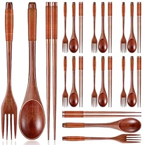 Vesici 24 Pieces Wooden Spoons Forks Chopsticks Set Wooden Flatware Tableware Cutlery Reusable Handmade Travel Flatware Set for Cooking Stirring Eating Mixing