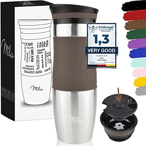 Milu Thermo Mug 370ml 450ml Insulated Mug Coffee Mug to go - 100% Leak Proof - Stainless Steel Drinking Mug - Car Mug Double Wall Insulation - Thermo Mug - Travel Mug - (Grey, 370ml)