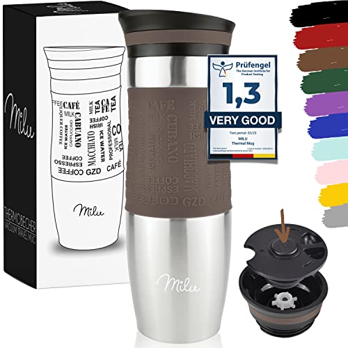 Milu Insulated Coffee Mug to Go - 100% Leak Proof - Stainless Steel - Double Wall Insulation - Travel Mug - Brown, 450ml
