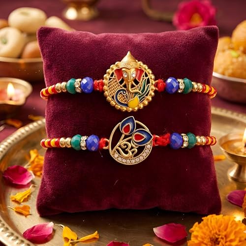 Image of TIED RIBBONS Rakhi Gift for Brother - Pack of 2 Designer Rakhi with Mini Ganesh Idol Figurine and Roli Tika - Rakhi for Brother