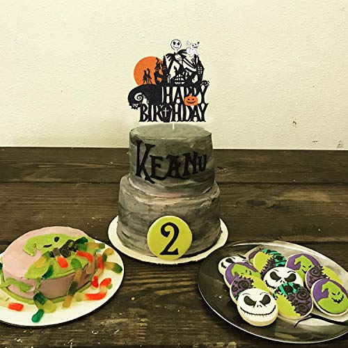 Kapokku Glitter Skull Happy Birthday Cake Topper For Cartoon Theme Jack And Sally Skellington Nightmare Before Christmas Theme Wedding Halloween Theme Anniversary Birthday Party Cake Decorations #TOP3