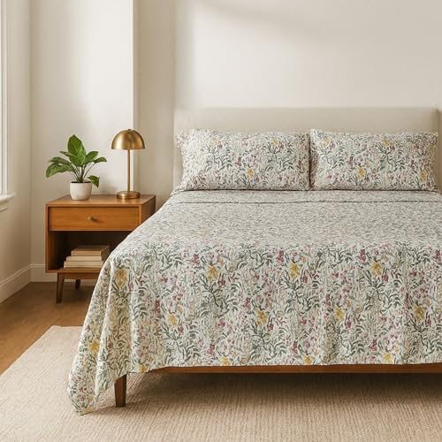Juego de Sábanas Blancas100% Algodón Estampado Flores Primavera Violeta – 3 o 4 Piezas (Bajera + Encimera + 1 o 2 Fundas de Almohada) – Suave, Transpirable y Alegre – Varios Tamaños (Cama 90 CM)