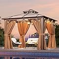 Aoxun 10'x10' Hardtop Gazebo, Aluminum Frame Permanent Pavilion with Netting and Curtains, Outdoor Polycarbonate Double Roof Canopy, Designed for Lawn, Garden, Patio (Khaki)