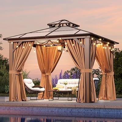 Aoxun 10'x10' Hardtop Gazebo, Aluminum Frame Permanent Pavilion with Netting and Curtains, Outdoor Polycarbonate Double Roof Canopy, Designed for Lawn, Garden, Patio (Khaki)