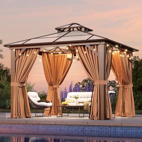 Aoxun 10'x10' Hardtop Gazebo, Outdoor Metal Gazebo with Double Polycarbonate Roof Canopy, Permanent Pavilion with Netting and Curtains for Lawn, Garden, Patio (Khaki)