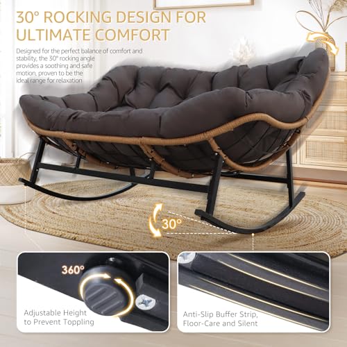 Image of NICESOUL Oversized Double Rocking Papasan Chair with Cushion, 2 Person Big Wicker Outdoor Comfy Recliner, Large Heavy Duty 700 lbs Loveseat for Patio, Balcony, Backyard (Grey, 2 Seats w /Ottoman)