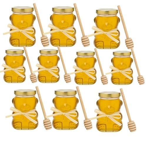 Vallary 8 oz Glass Bear Honey Jars – Pack of 10 with Gold Lids & Wooden Dippers – Bulk Bear-Shaped Jars for Honey, Party Favors, DIY Gifts, Candy & Events