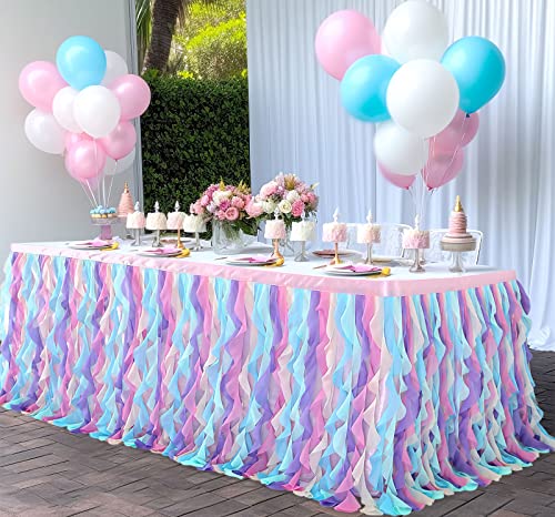 Rainbow Table Skirt For Rectangle Tables 17Ft Unicorn Birthday Party Decorations Baby Shower Round Square Desk Pastel Candy Wedding Bridal Baptism Mermaid Halloween Chirstmas Gender Reveal Supplies #TOP5