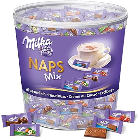 Milka Naps Mix 1 x 1kg Dose, Zartschmelzende Mini-Schokoladentäfelchen aus Alpenmilch, Erdbeer, Haselnuss und Crème au Cacao Cover