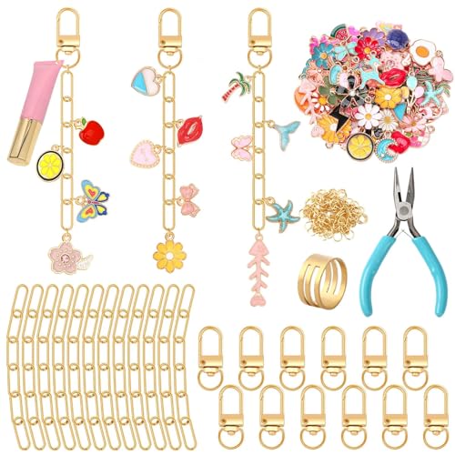 AUGSUN 189 Stück Schlüsselanhänger Basteln Einschließlich 60 Charms 12 Schlüsselanhänger Karabiner 15 Verlängerungsketten 100 Biegeringe und Schmuckzange für DIY Bastelset