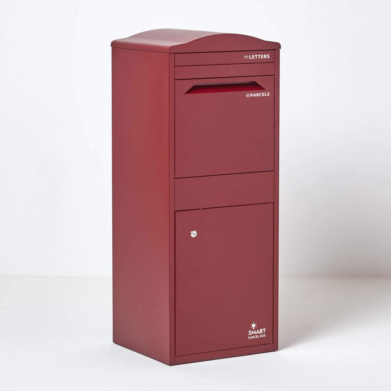 Smart Parcel Box Large With Curved Roof Top Dark Red Strong Metal Drop With Front Access Door for Safe and Secure Multiple Deliveries Wall Floor Gate Mounting Weatherproof Outdoor Delivery