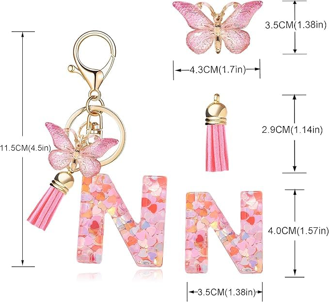Image of GEOCARTER Lightweight Fashion Initial Letter Key Ring with Butterfly Pendant & Tassel, Stylish Purse Charm for Handbags, Car Keys, Gifts for Girls & Women