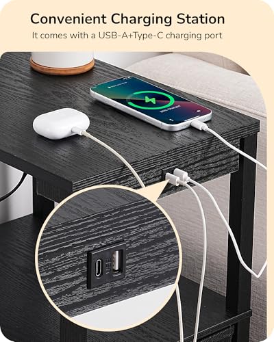 Image of EDISHINE Floor Lamp with Table, Dimmable USB-A+Type-C Ports, Remote, Black | Bulb Included, Dimmable Bedside Floor Lamp with Shelves, Farmhouse Nightstand Light for Living Room, Bedroom, Den, Office