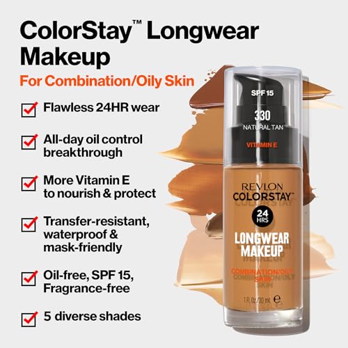 Image of Revlon Liquid Foundation, ColorStay Face Makeup for Combination & Oily Skin, SPF 15, Longwear Medium-Full Coverage with Matte Finish, Natural Tan (330), 1.0 Oz