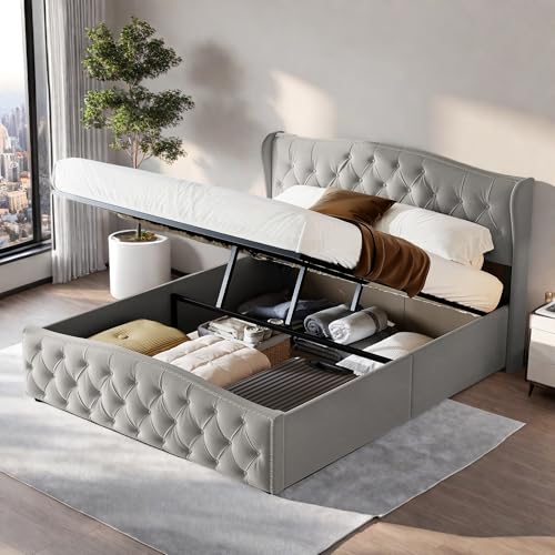 BRILVERDE Polsterbett 140x200 cm mit Stauraum, Hydraulisch Stauraumbett, Doppelbett mit kopfteil, Bettgestell mit Lattenrost, Bettrahmen für Erwachsene, Samt (Grau, 140 x 200 cm) BRILVERDE Polsterbett 140x200 cm mit Stauraum, Hydraulisch Stauraumbett, Doppelbett mit kopfteil, Bettgestell mit Lattenrost, Bettrahmen für Erwachsene, Samt (Grau, 140 x 200 cm)