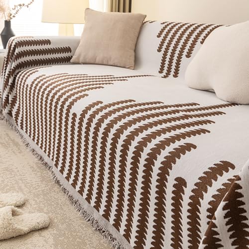 WOBblo Jeté De Canapé Extra Large, Blanc À Rayures Géométriques Simples, Couverture De Canapé pour 2, 3, 4 Places, Jeté Polyvalent en Chenille pour Canapé-lit,Brun,180 * 230 Cm